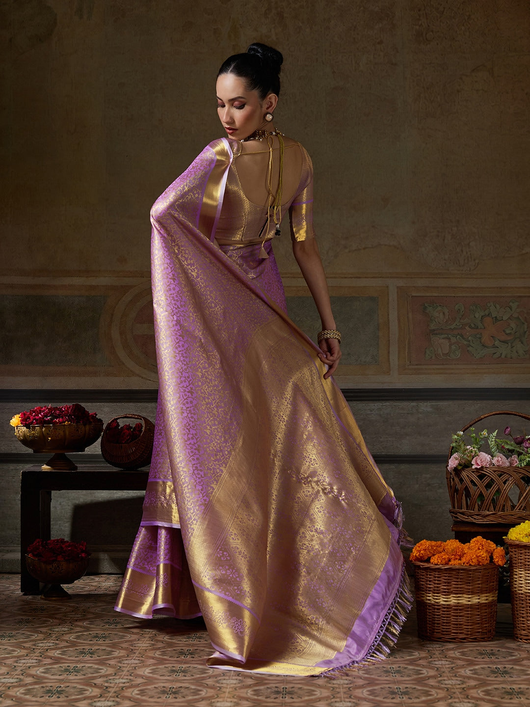 Peachmode Lavender Kanjivaram Silk Woven Saree - Image 3