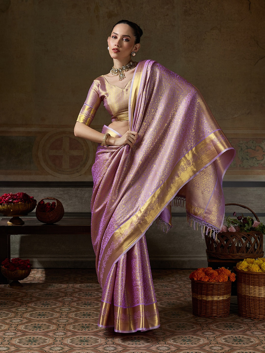 Peachmode Lavender Kanjivaram Silk Woven Saree - Image 4