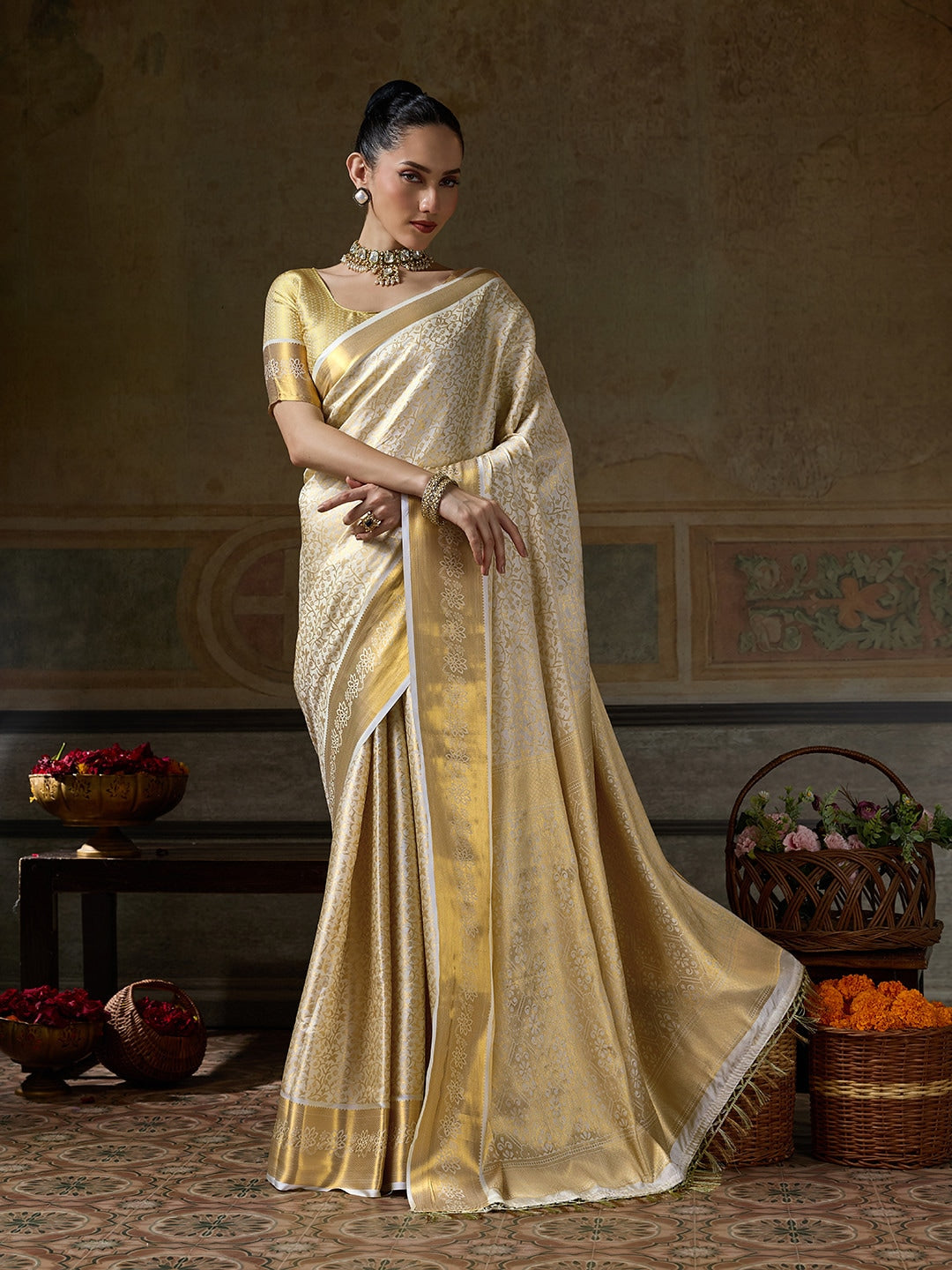 Peachmode Cream Kanjivaram Silk Woven Saree - Image 1