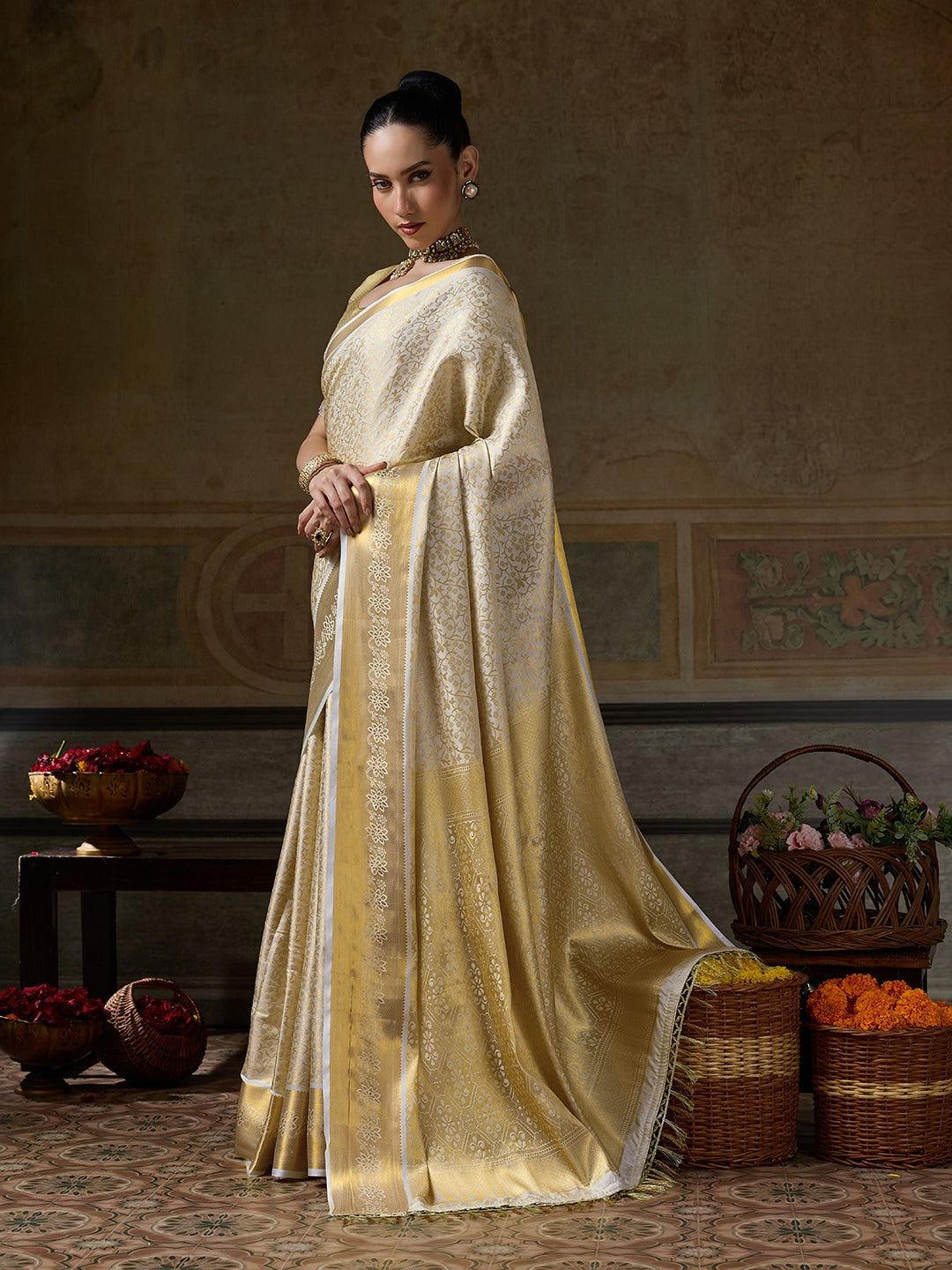 Peachmode Cream Kanjivaram Silk Woven Saree - Image 2