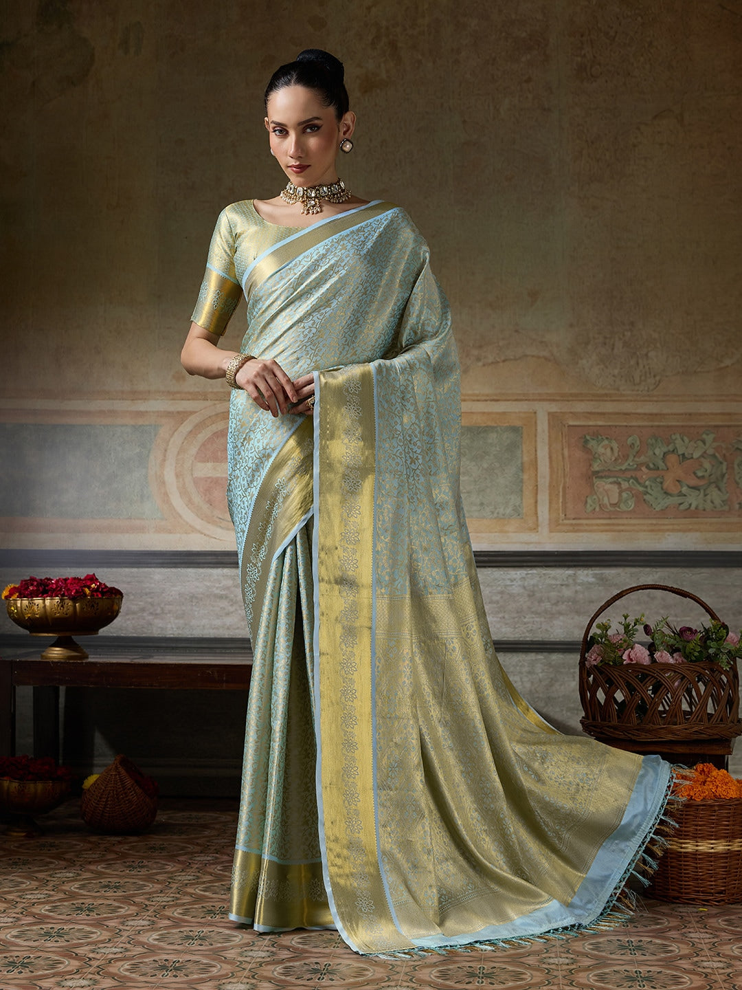 Peachmode Blue Kanjivaram Silk Woven Saree - Image 1
