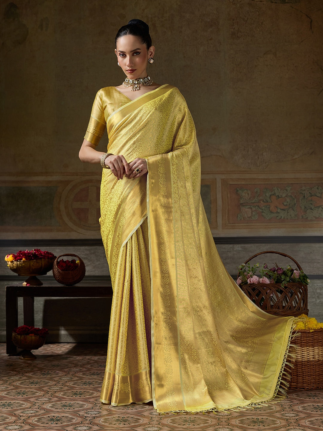 Peachmode Yellow Kanjivaram Silk Woven Saree - Image 1