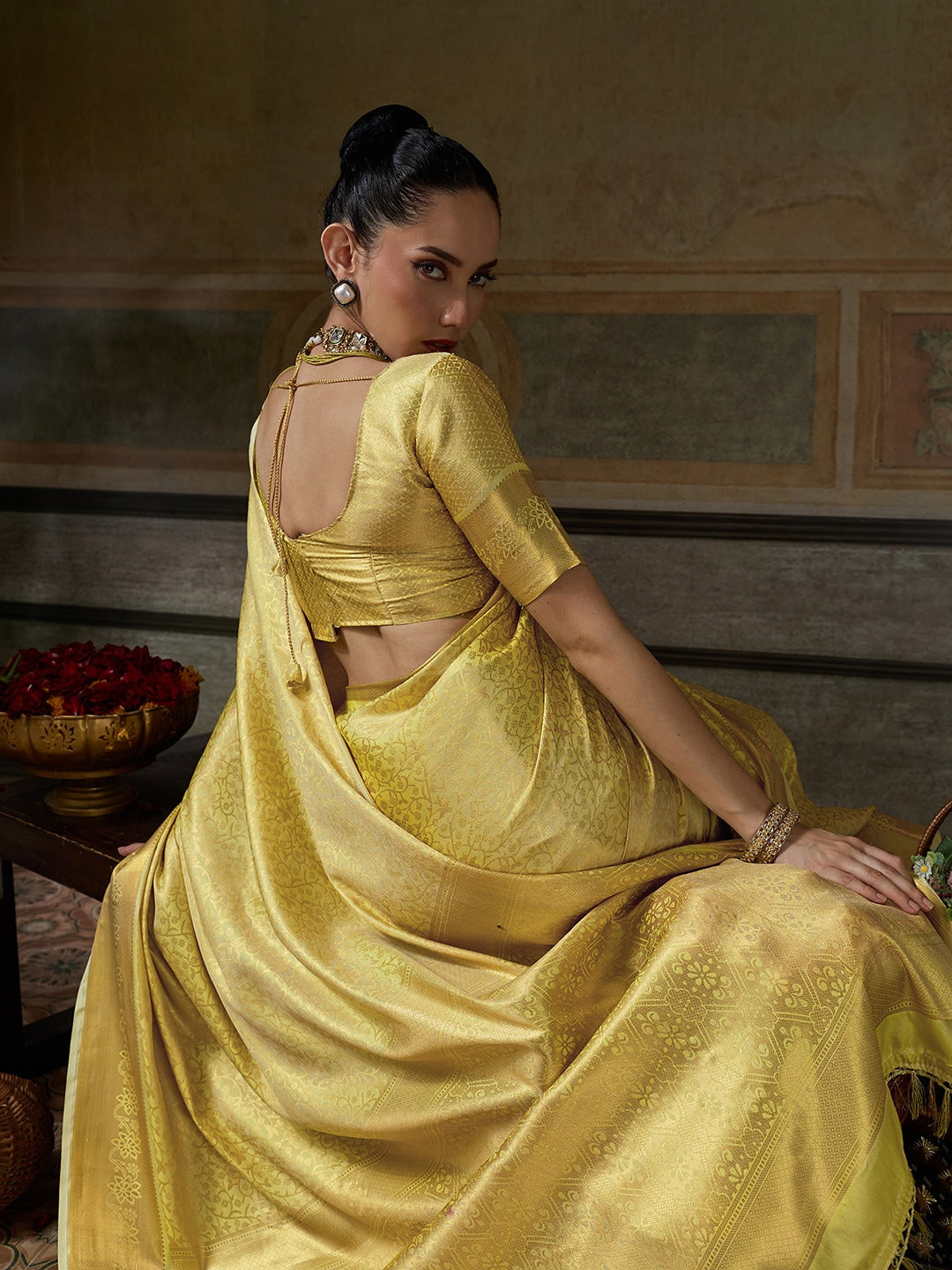 Peachmode Yellow Kanjivaram Silk Woven Saree - Image 4