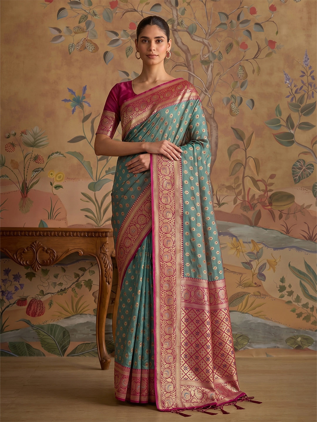 Peachmode Sea Green Silk Blend Woven Saree - Image 1