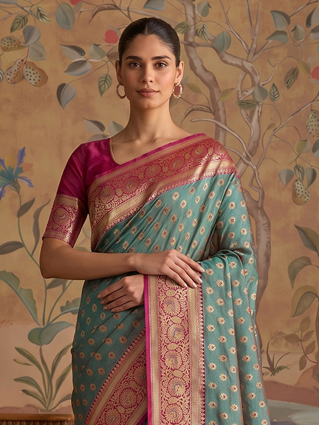 Peachmode Sea Green Silk Blend Woven Saree - Image 2