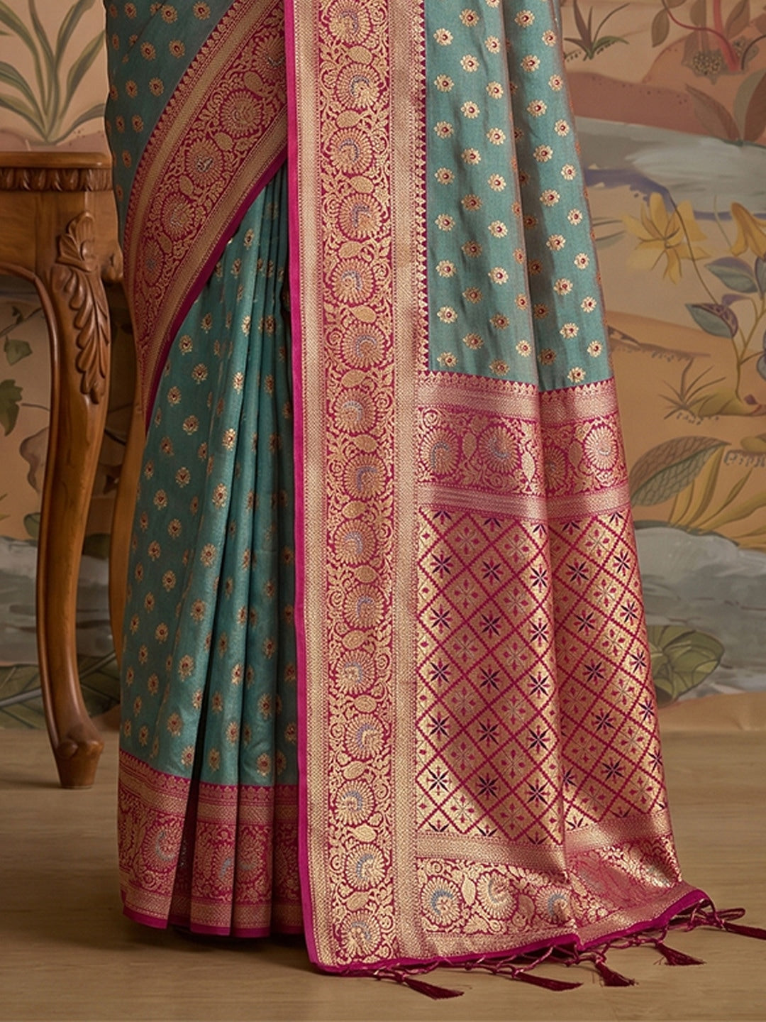 Peachmode Sea Green Silk Blend Woven Saree - Image 3
