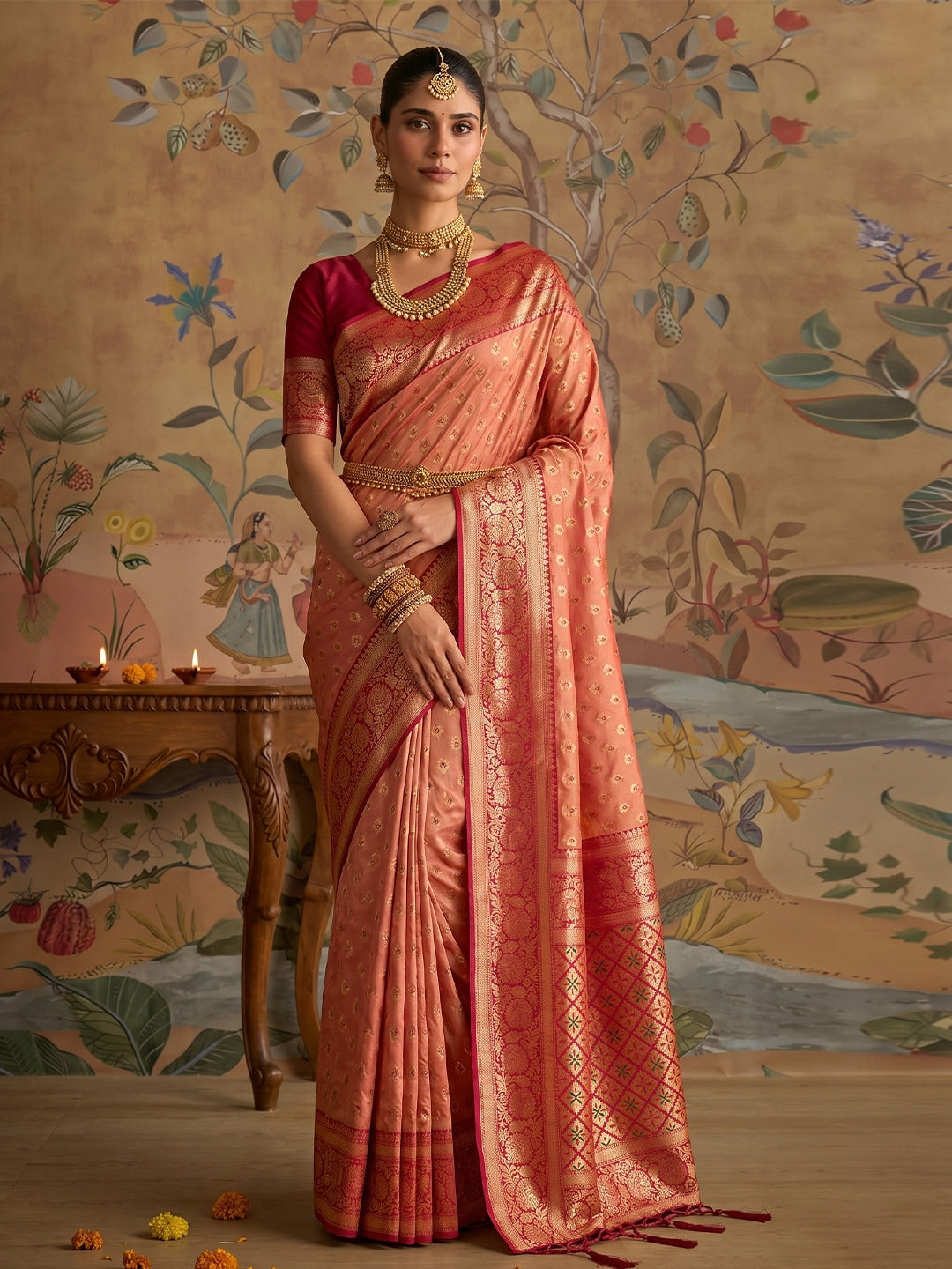 Peachmode Peach Silk Blend Woven Saree - Image 1