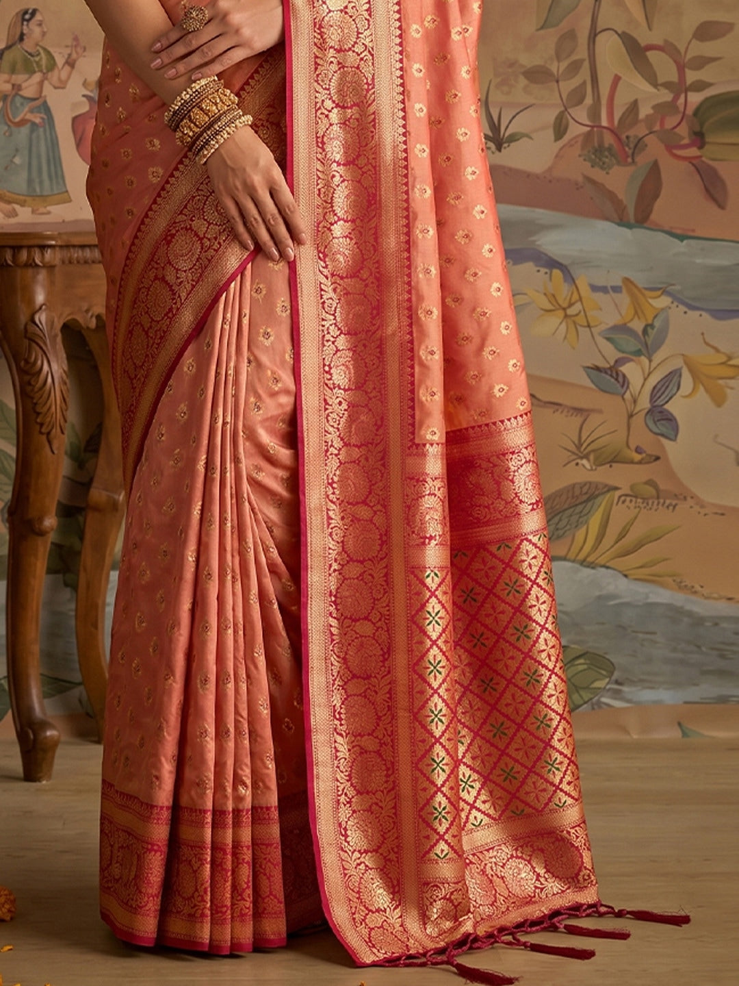 Peachmode Peach Silk Blend Woven Saree - Image 3