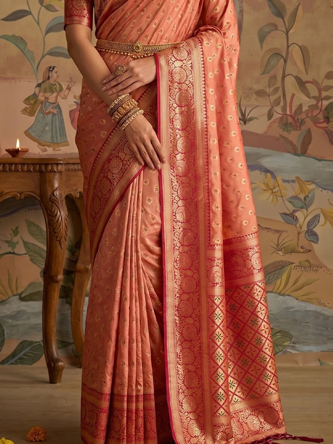 Peachmode Peach Silk Blend Woven Saree - Image 5