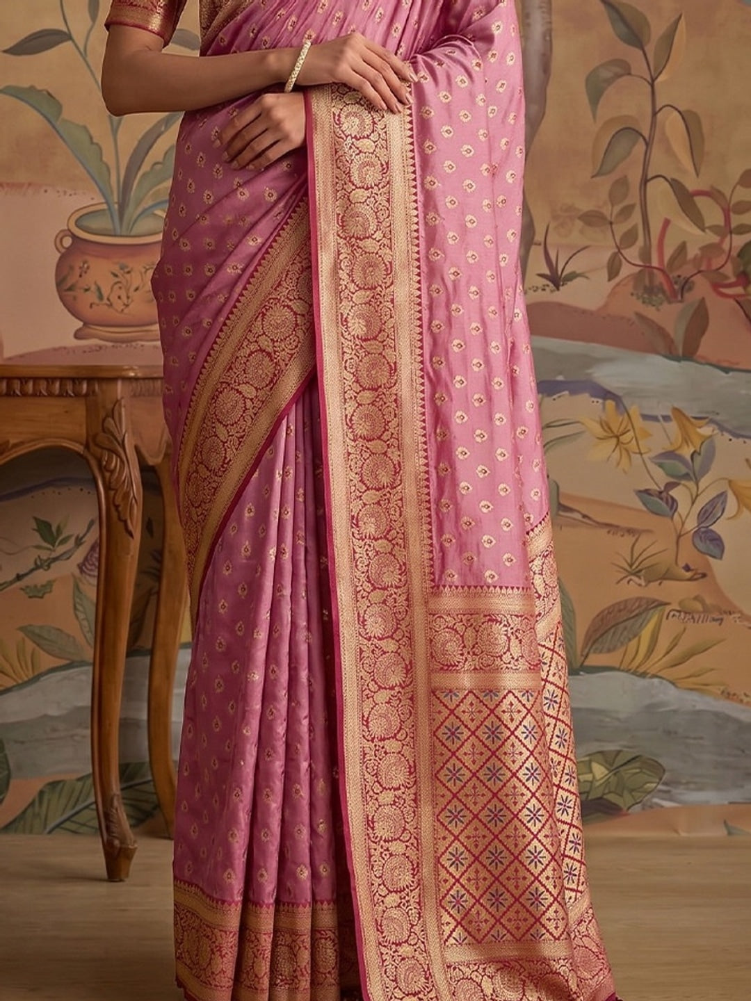 Peachmode Pink Silk Blend Woven Saree - Image 5