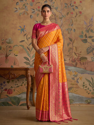 Peachmode Mustard Silk Blend Woven Saree - Image 1