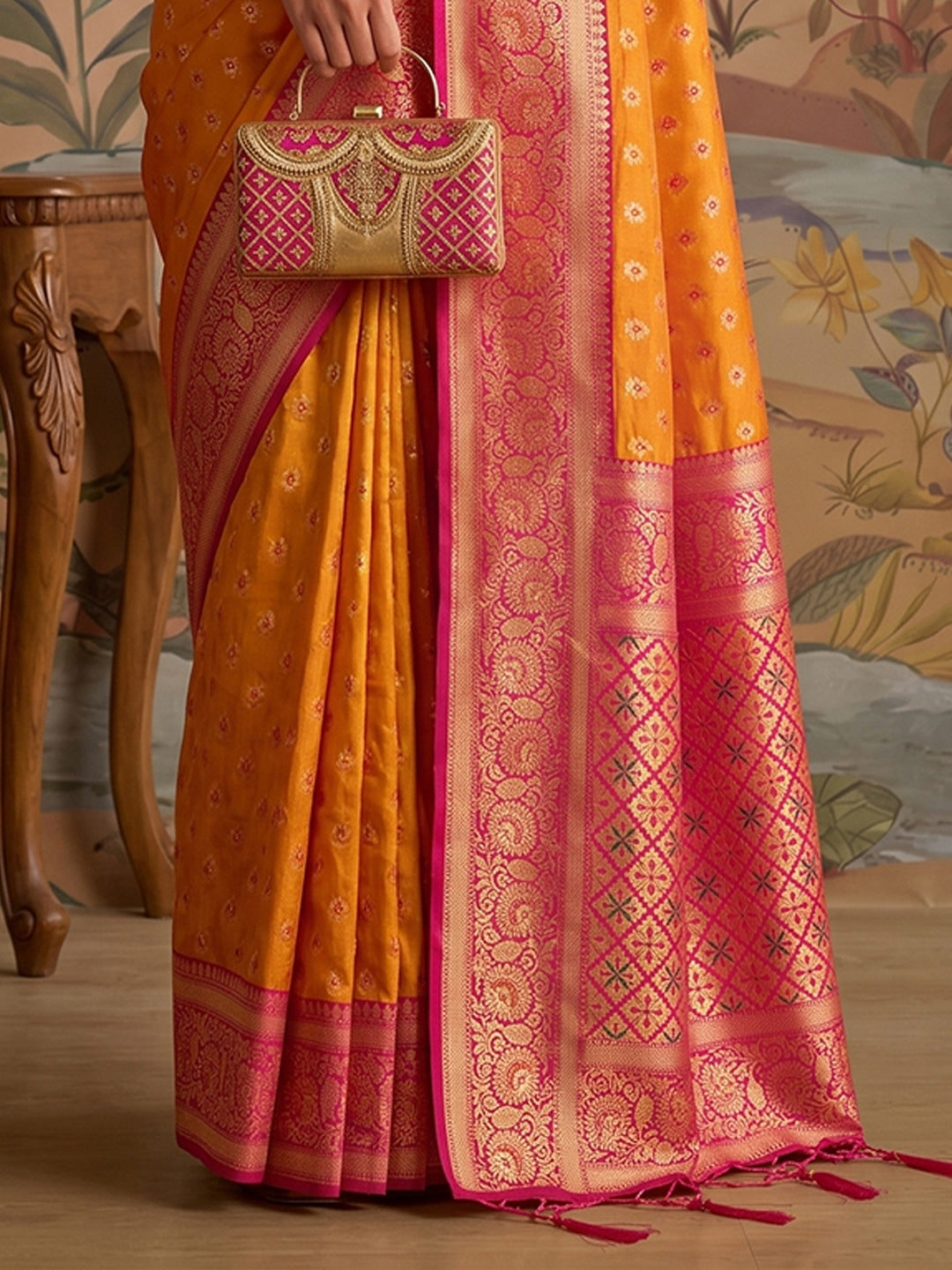 Peachmode Mustard Silk Blend Woven Saree - Image 3