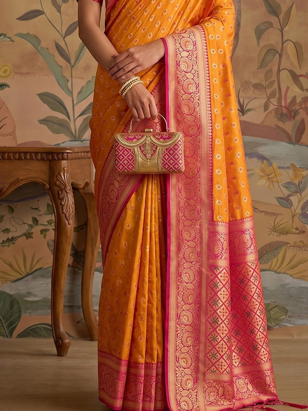 Peachmode Mustard Silk Blend Woven Saree - Image 5