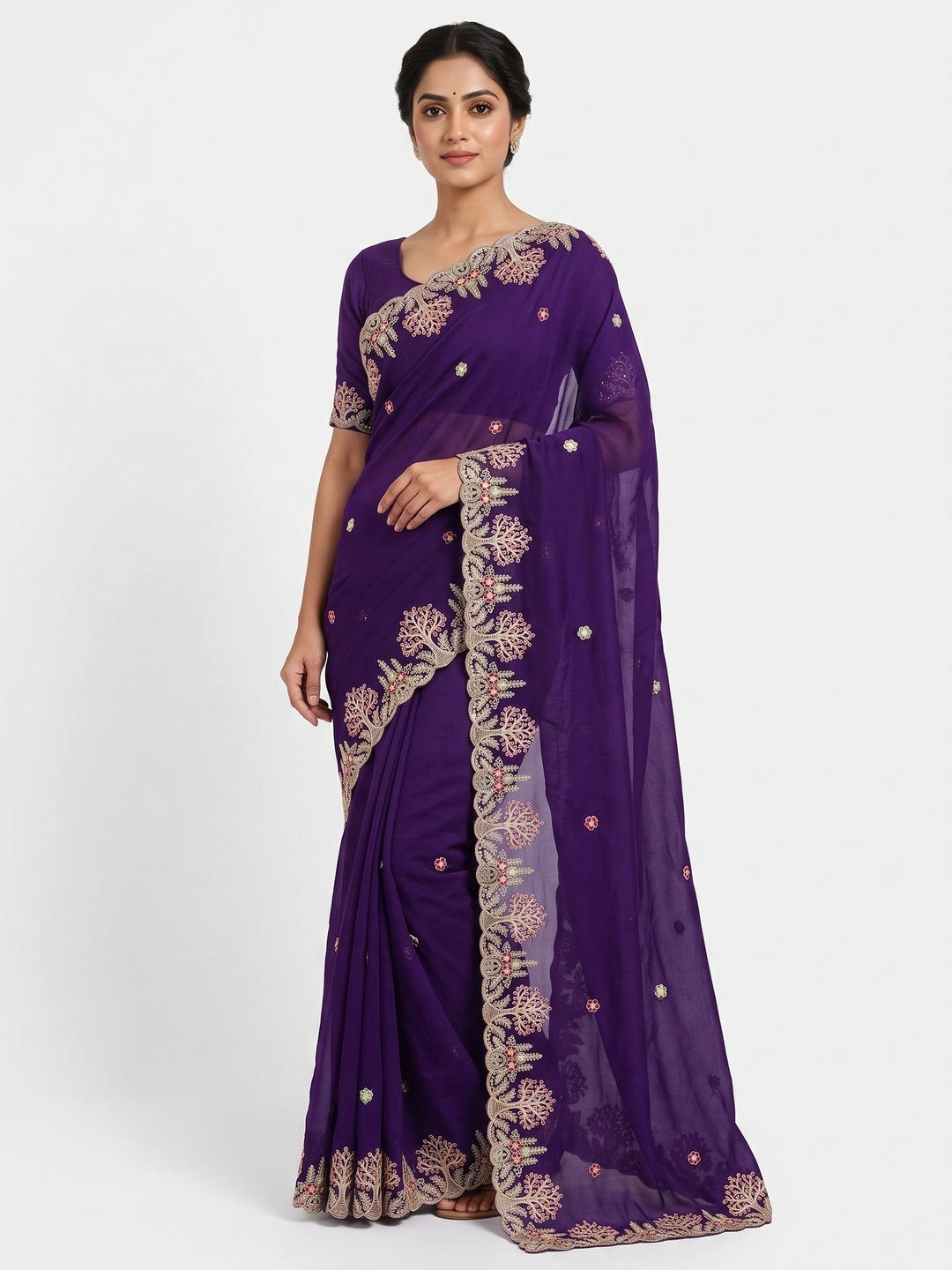 Violet Floral Embroidered Crepe Saree with Subtle Sequin Detailing - Image 1