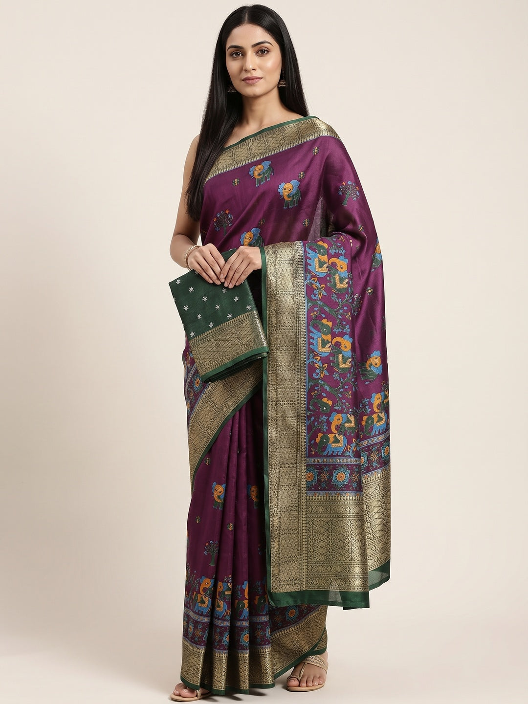 Majestic Wine Elephant & Floral Printed Dola Silk Saree Featuring Intricate Weaving Border - Image 1
