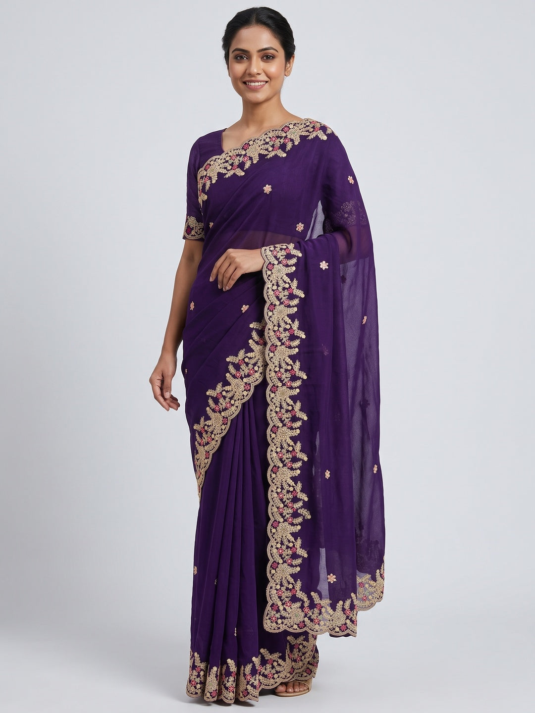 Party Wear Purple Floral Embroidered Crepe Saree with Elegant Sequin Finish - Image 1