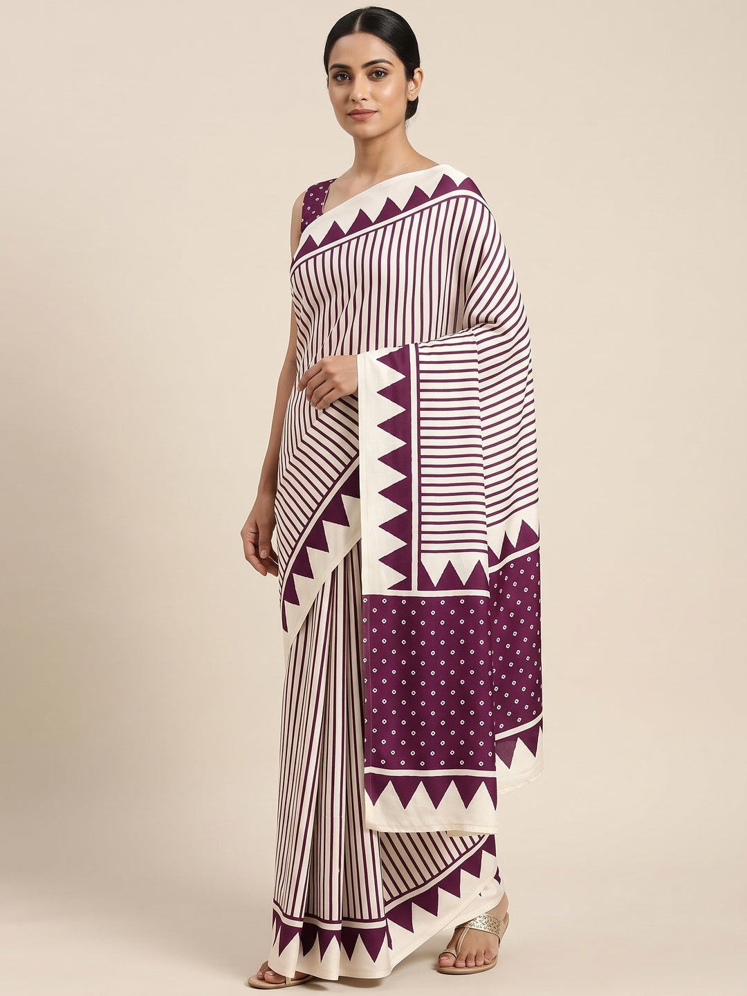 Party Perfect Off White & Purple Saree Crafted in Cream Crepe Fabric with Striped Print - Image 1