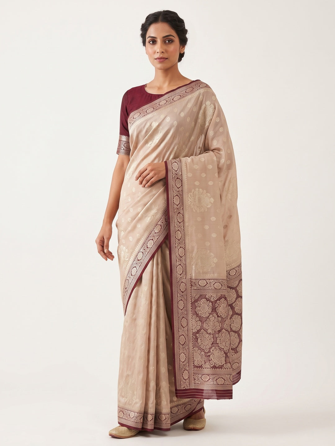Beige Dola Silk Woven Saree with Allover Zari Butti Design - Image 1