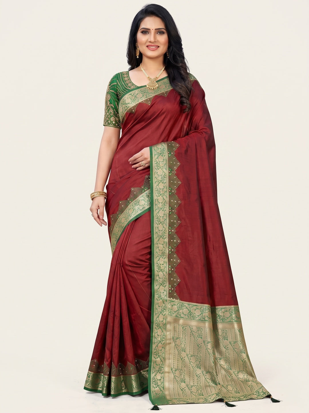 Maroon Pure Silk Saree with Intricate Woven Border and Comfortable Stitched Blouse Included - Image 2