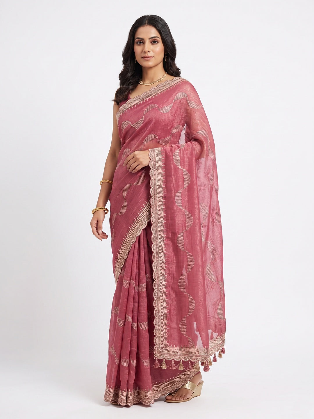 Pink Crunchy Chiffon Silk Saree Delicate Thread Motifs Ethnic Elegance - Image 1