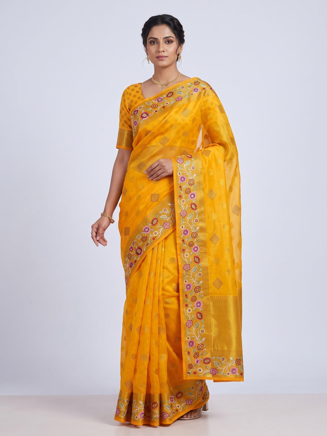 Yellow Zari Woven Jacquard Saree With Embroidery Border - Image 1