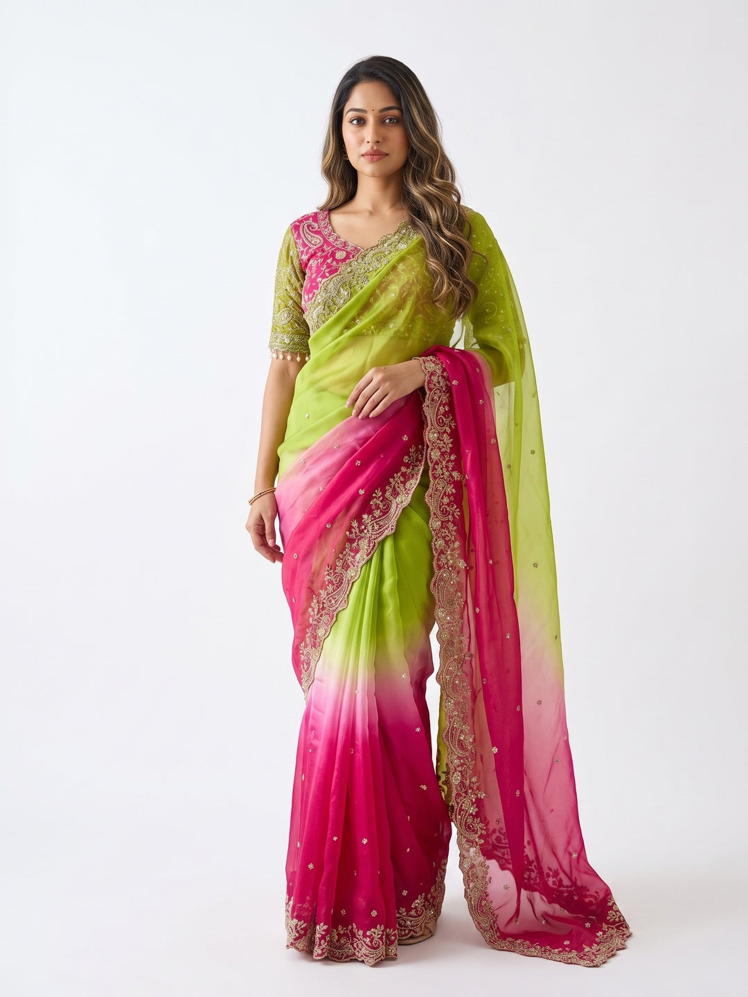Elegant Green & Pink Organza Satin Silk Embroidered Saree for Festive Occasions - Image 4