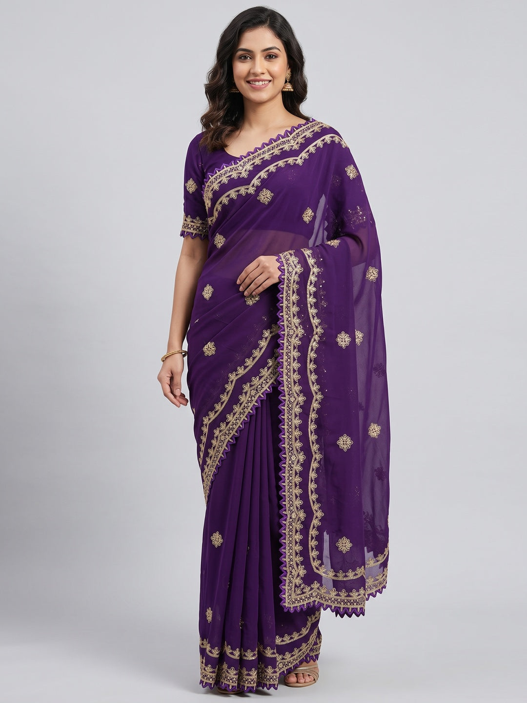Radiant Purple Thread Work Georgette Silk Saree Beautifully Enhanced With Sequins Embellishment - Image 1