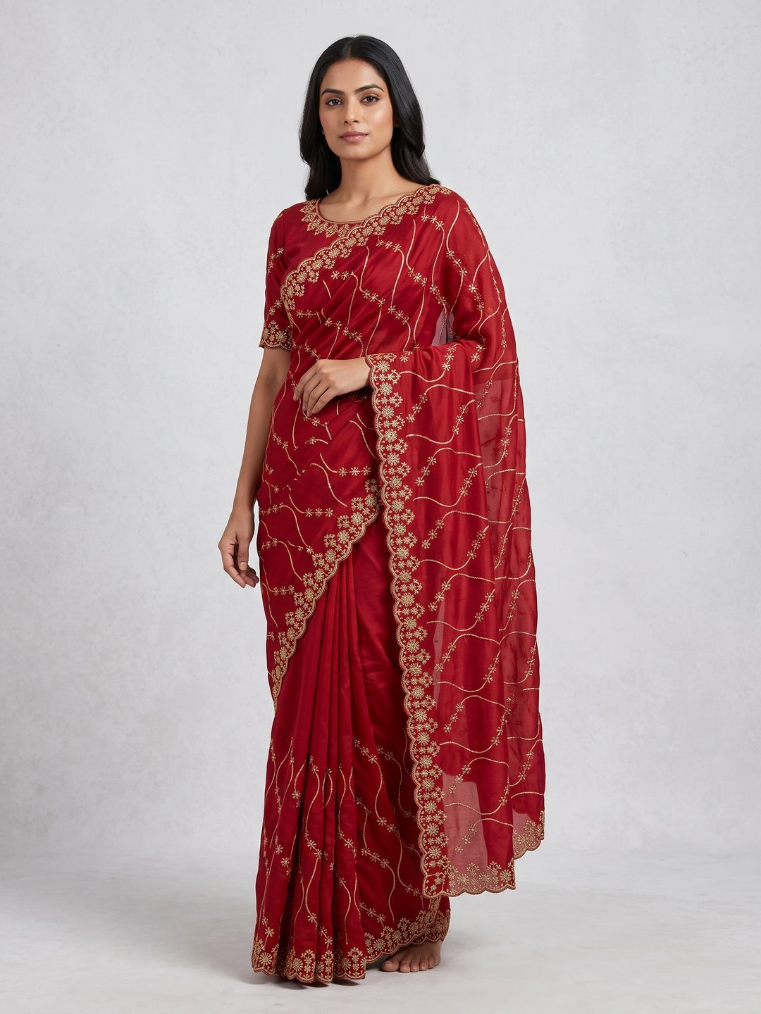Red Silk Blend Saree with Intricate Thread Embroidery - Image 1