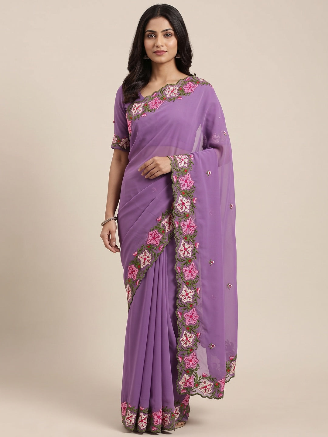 Purple Faux Georgette Saree Featuring Minimalist Floral Border Embroidery - Image 1