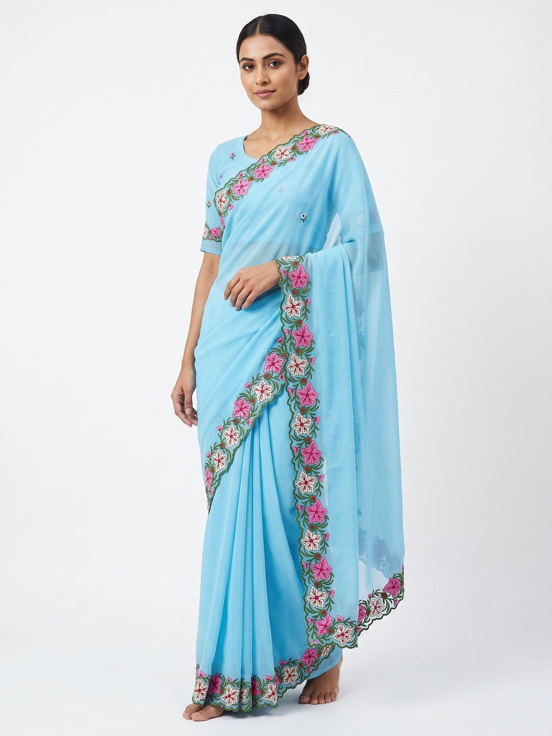 Blue Faux Georgette Saree Featuring Minimalist Floral Border Embroidery - Image 1