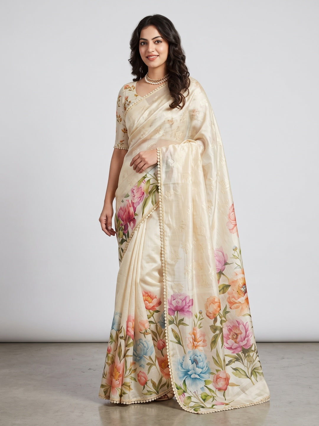 Cream Floral Printed Silk Blend Saree With Delicate Zari Work - Image 1