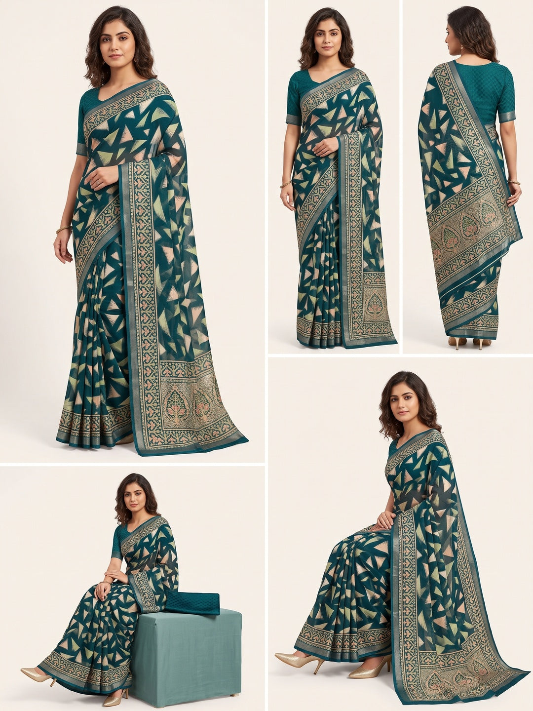 Teal Saree in Brasso with Contemporary Geometric Print - Image 1