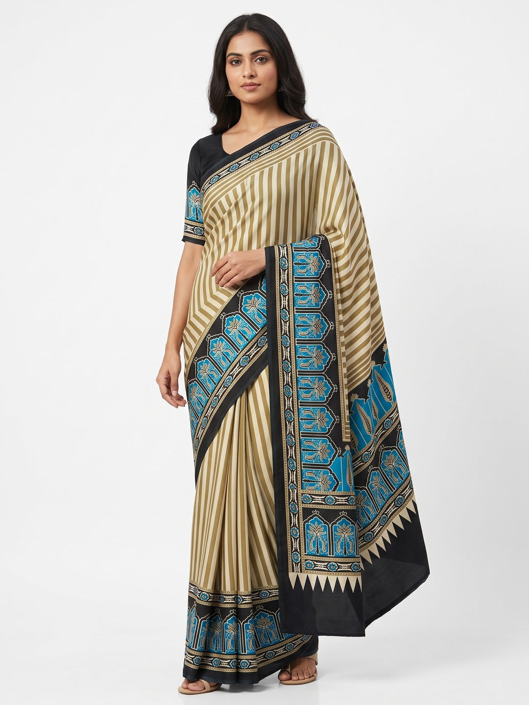 Graceful Chikoo & Black Crepe Silk Blend Saree Adorned with Bold Striped Print Work - Image 1