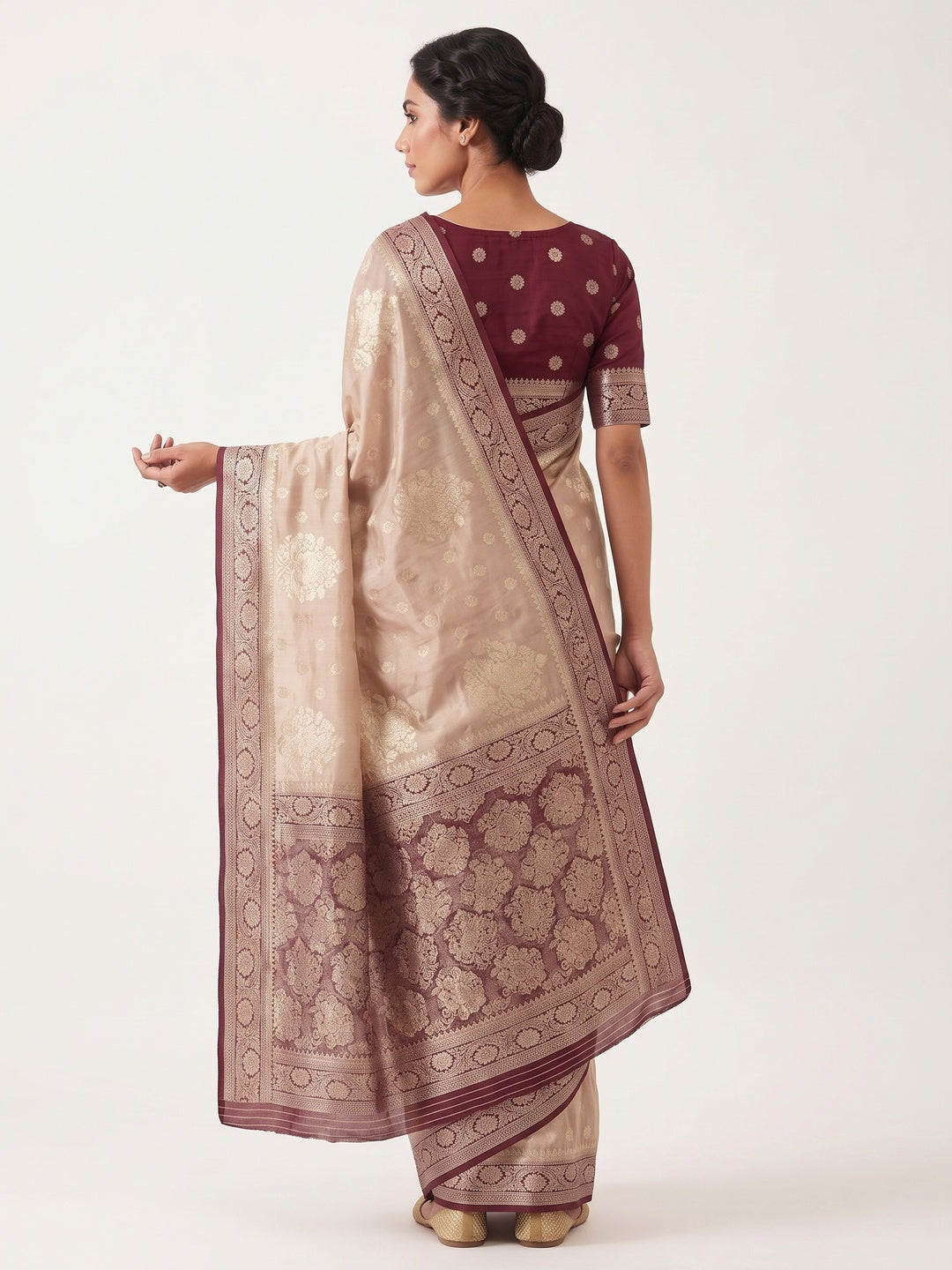 Beige Dola Silk Woven Saree with Allover Zari Butti Design - Image 2