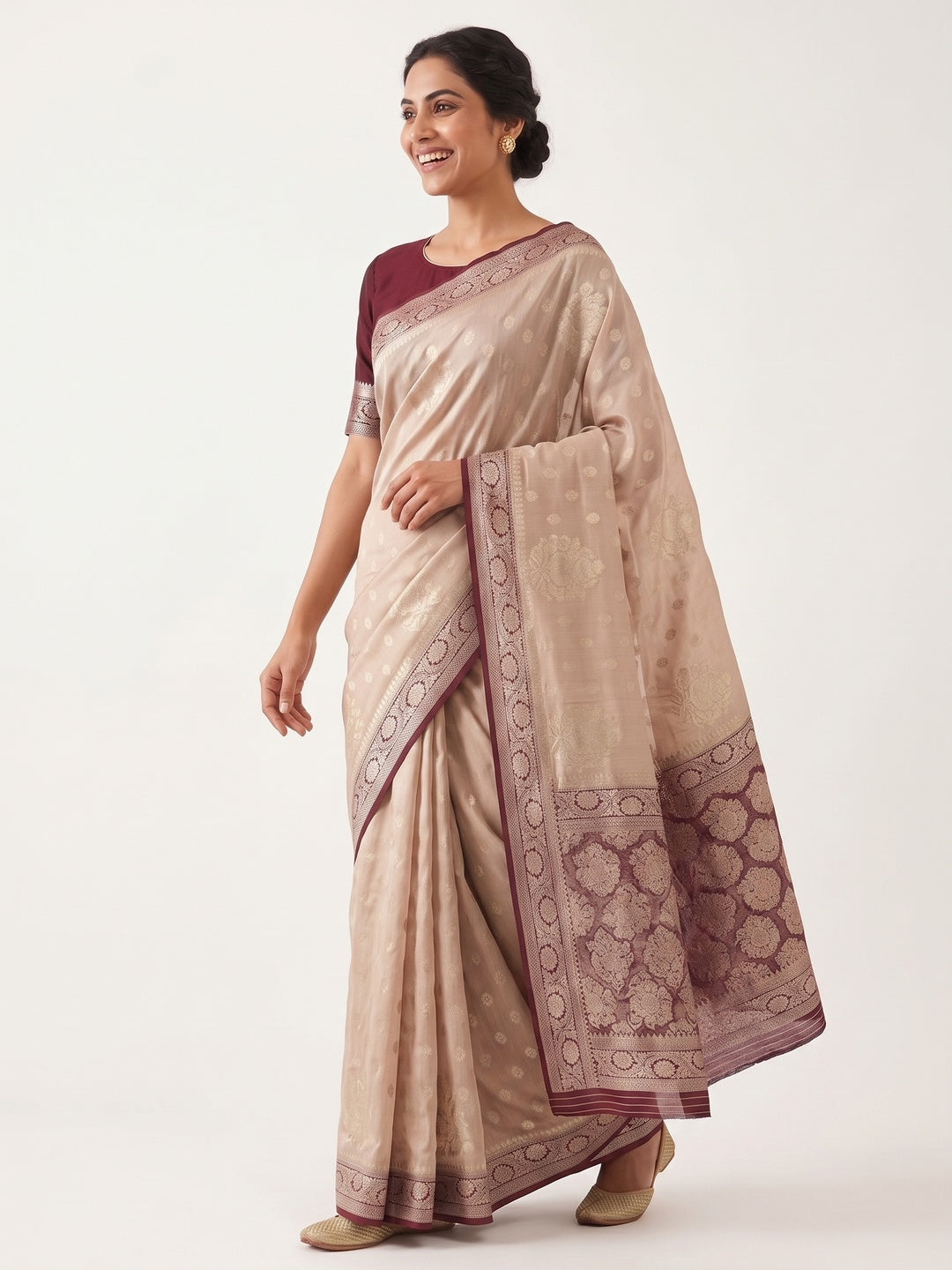 Beige Dola Silk Woven Saree with Allover Zari Butti Design - Image 4