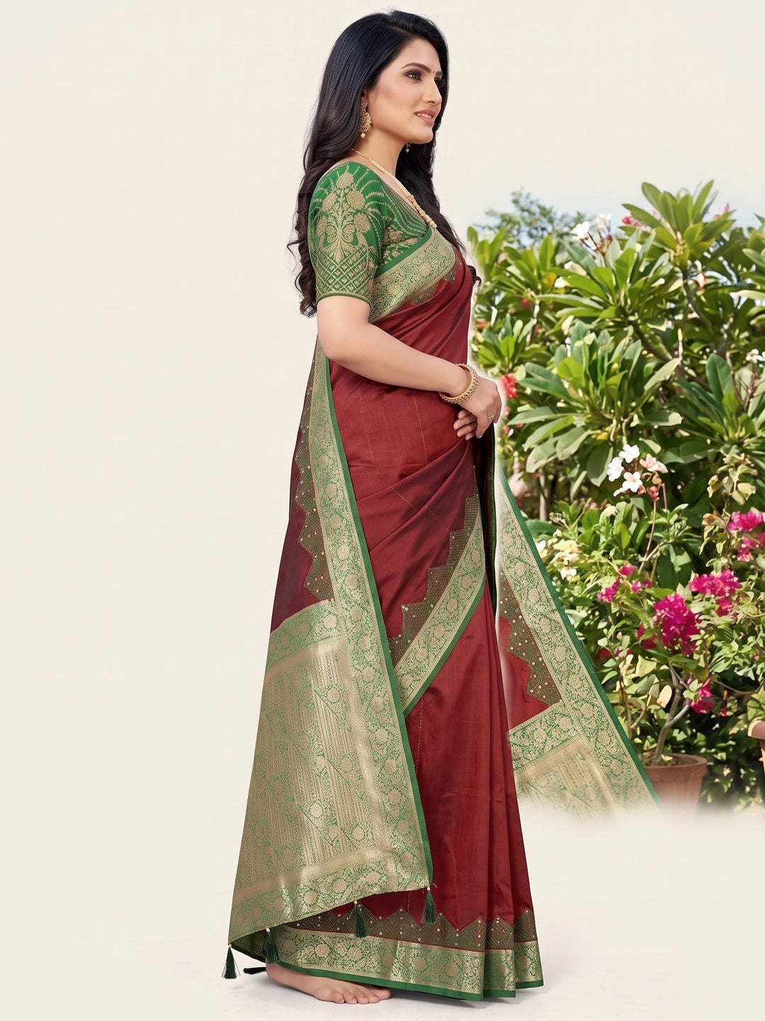Maroon Pure Silk Saree with Intricate Woven Border and Comfortable Stitched Blouse Included - Image 4