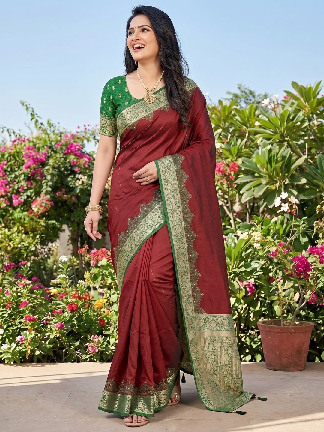 Maroon Pure Silk Saree with Intricate Woven Border and Comfortable Stitched Blouse Included - Image 5