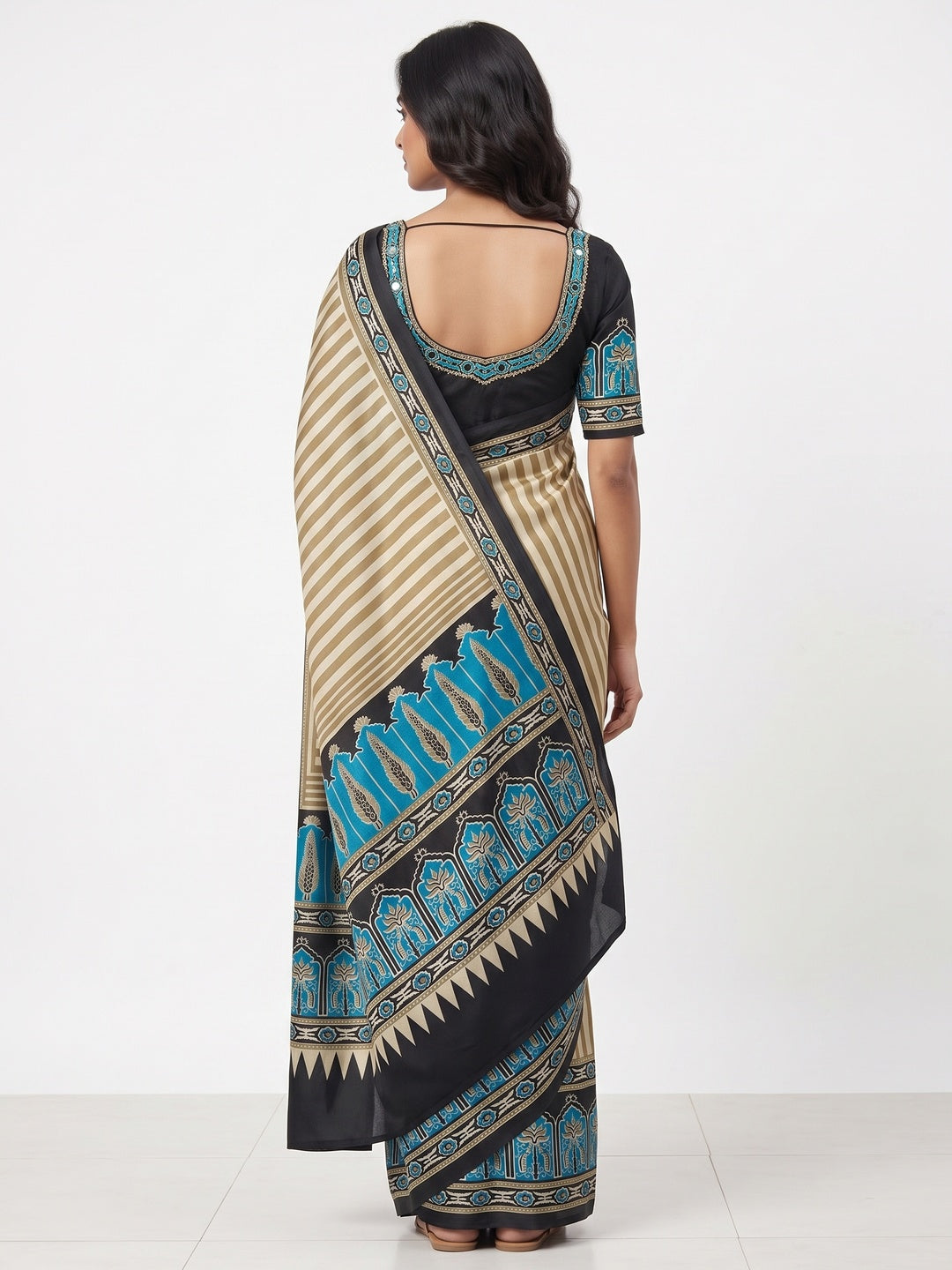 Graceful Chikoo & Black Crepe Silk Blend Saree Adorned with Bold Striped Print Work - Image 2
