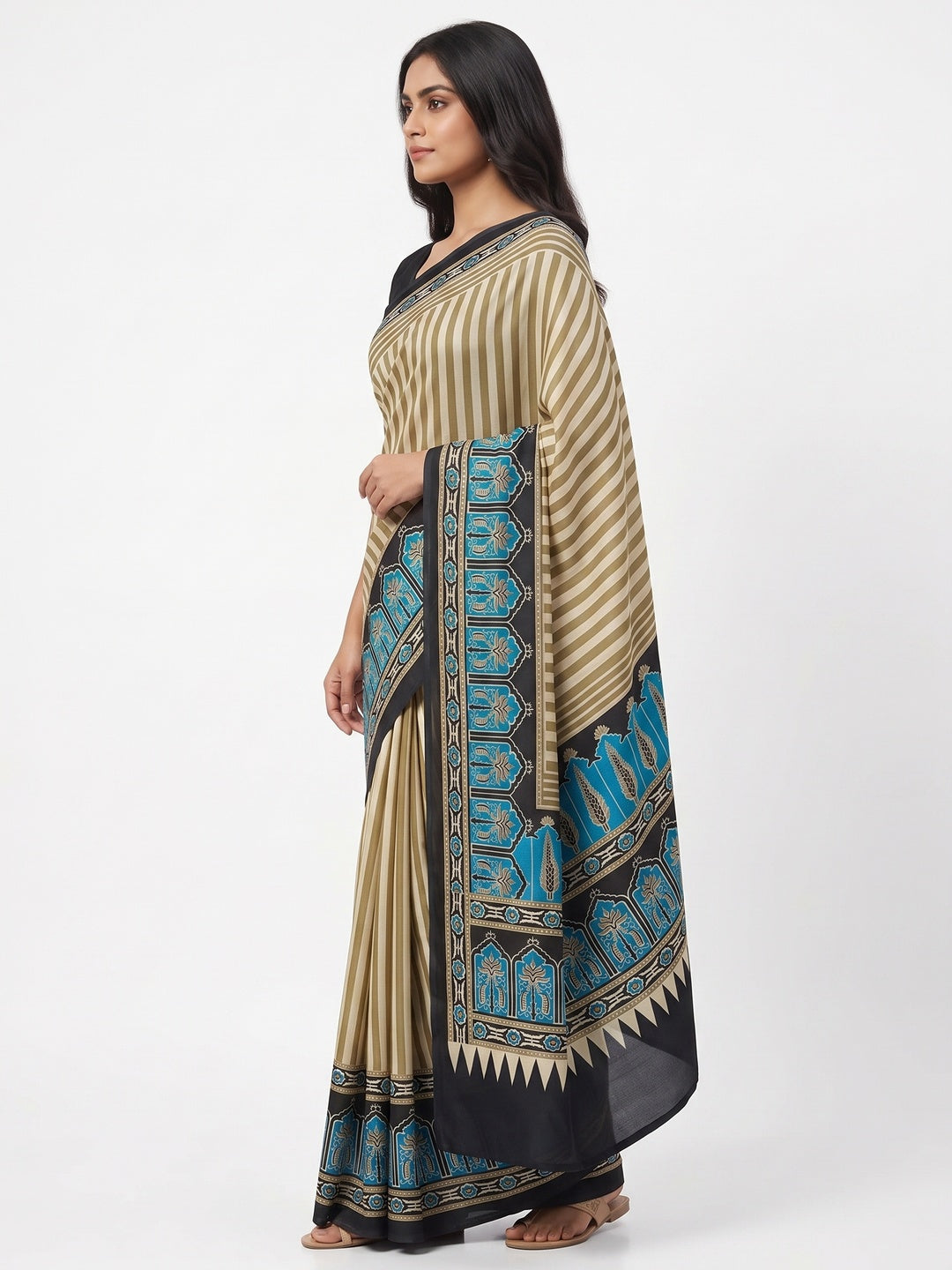 Graceful Chikoo & Black Crepe Silk Blend Saree Adorned with Bold Striped Print Work - Image 3