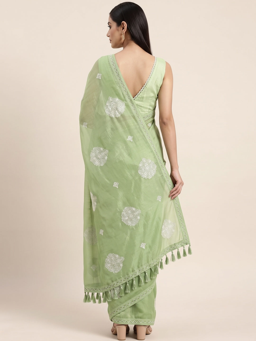 Green Embroidered Chiffon Saree With Elegant Tassel Borders - Image 2