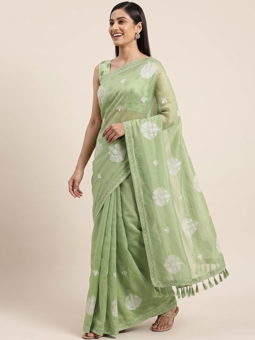 Green Embroidered Chiffon Saree With Elegant Tassel Borders - Image 4