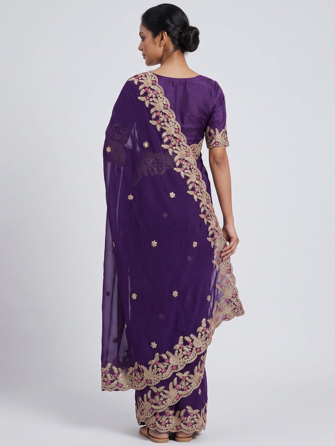 Party Wear Purple Floral Embroidered Crepe Saree with Elegant Sequin Finish - Image 2