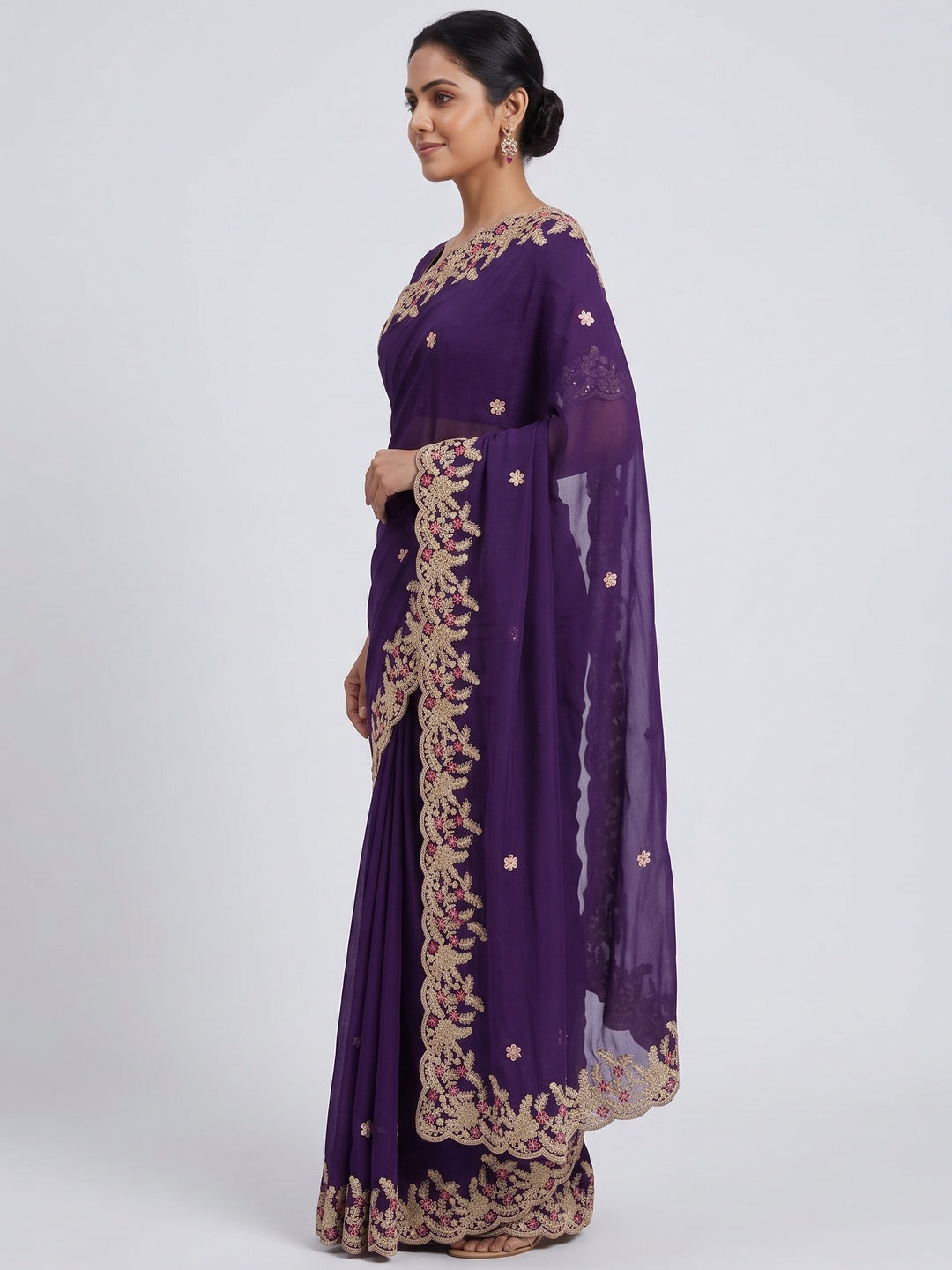 Party Wear Purple Floral Embroidered Crepe Saree with Elegant Sequin Finish - Image 3