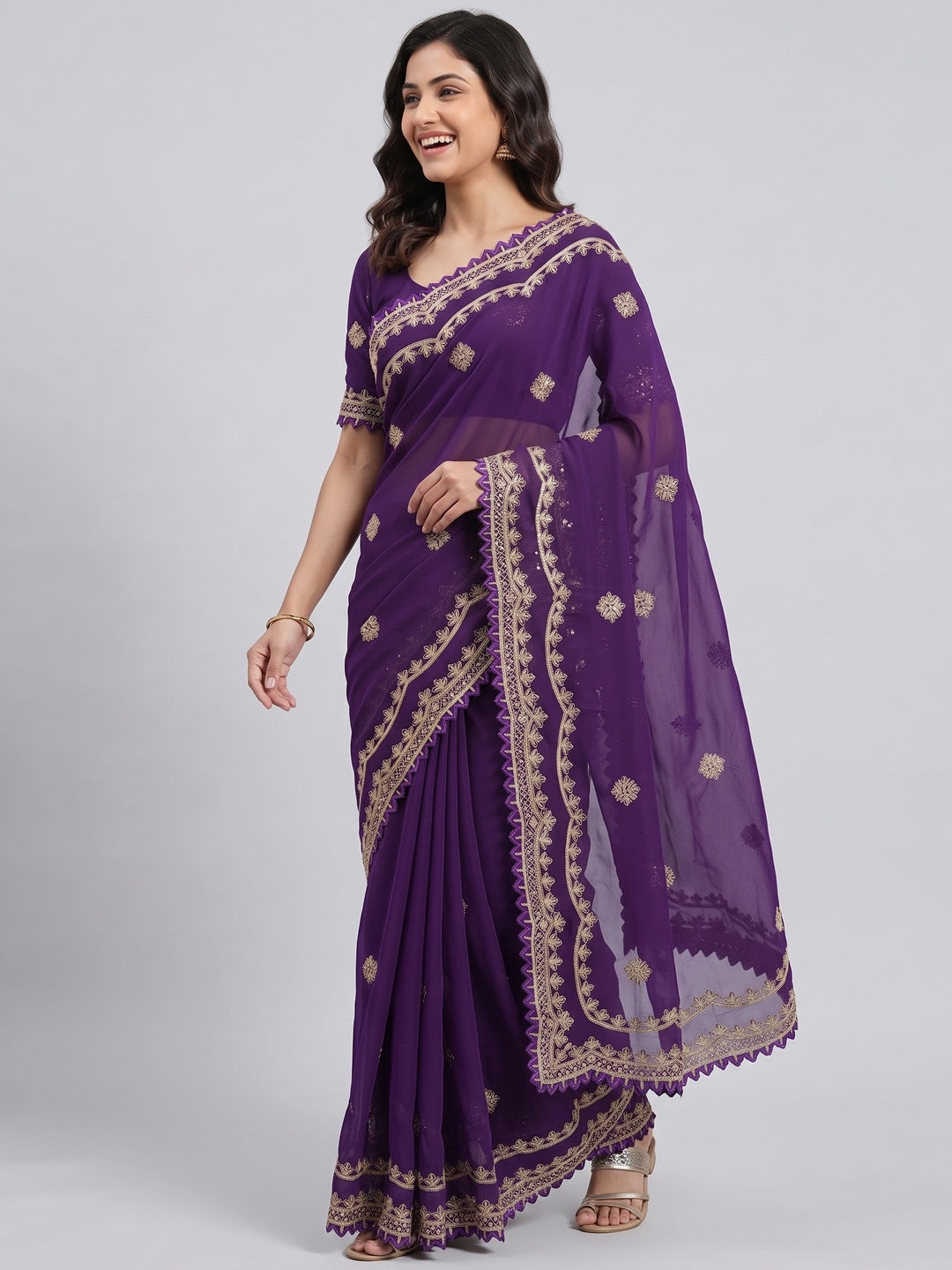 Radiant Purple Thread Work Georgette Silk Saree Beautifully Enhanced With Sequins Embellishment - Image 4