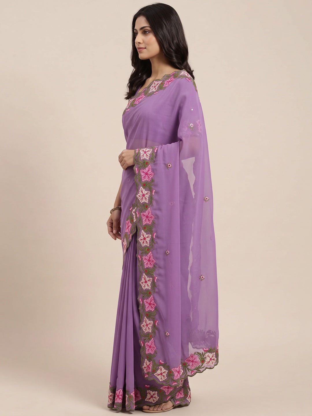 Purple Faux Georgette Saree Featuring Minimalist Floral Border Embroidery - Image 3