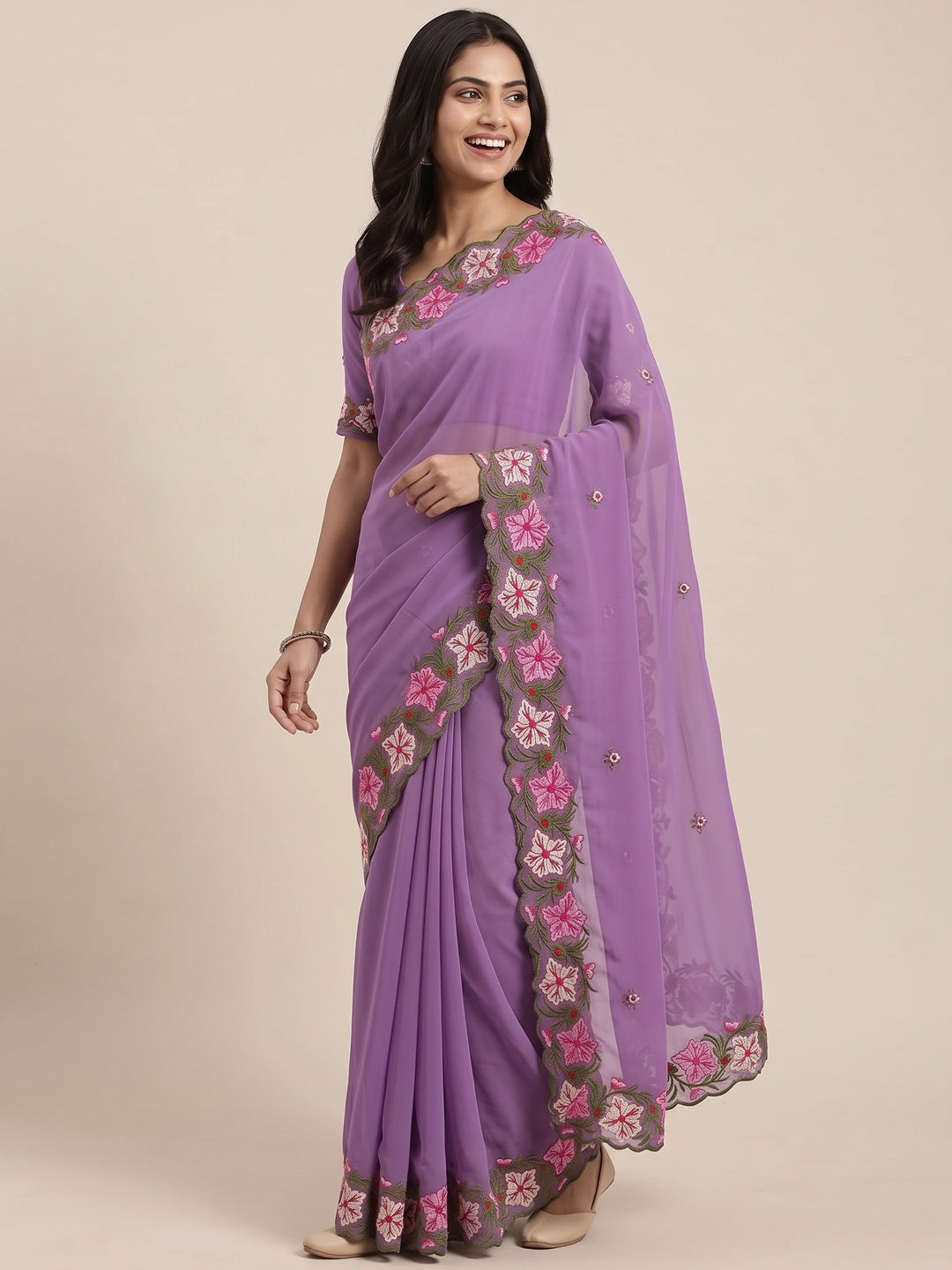 Purple Faux Georgette Saree Featuring Minimalist Floral Border Embroidery - Image 4