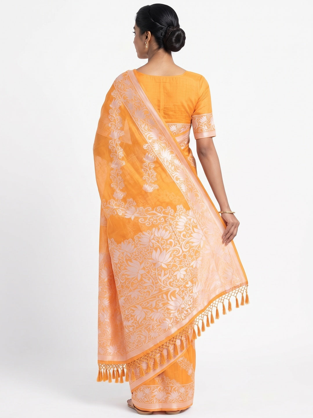 Orange Floral Woven Banarasi Silk Saree With Tassels - Image 2