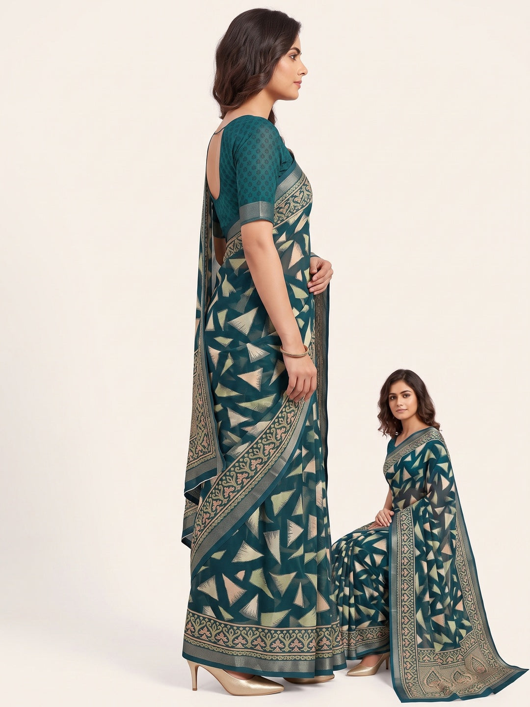Teal Saree in Brasso with Contemporary Geometric Print - Image 3