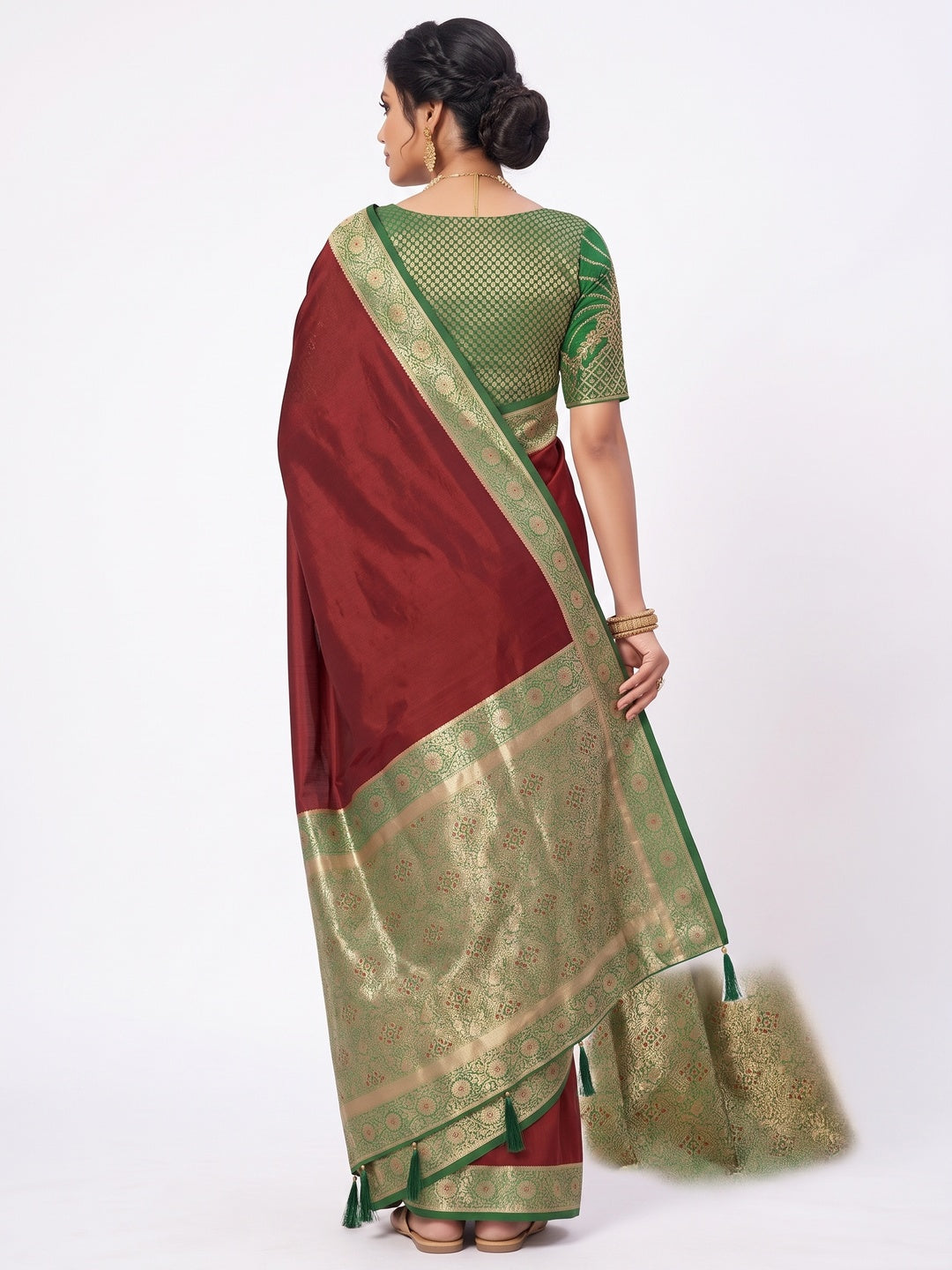 Ethnic Maroon Pure Silk Saree with Intricate Border Weaving and Stitched Blouse for Festive Occasions - Image 4