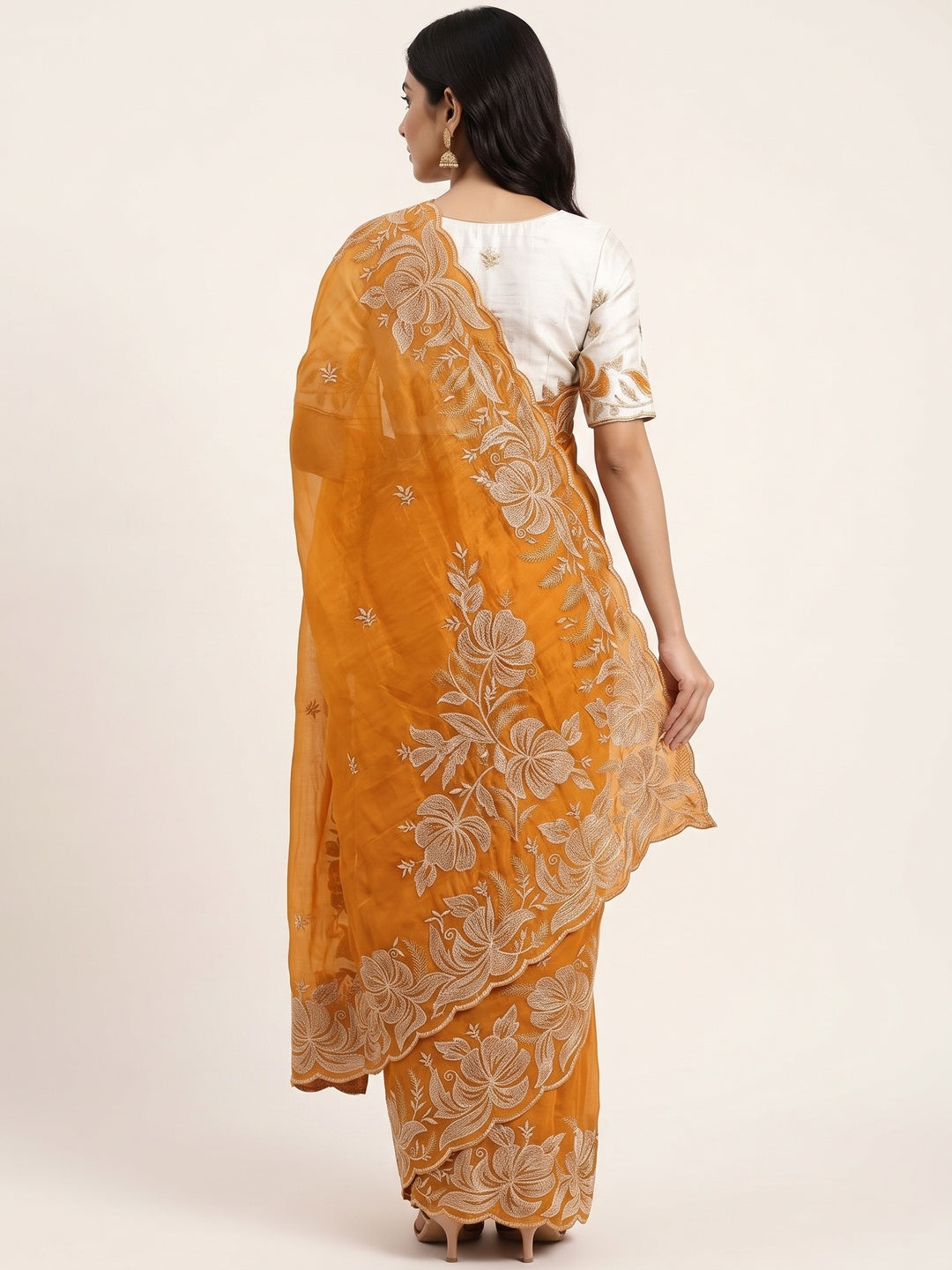 Mustard Golden Thread Embroidered Chiffon Saree for Elegant Evening & Celebration Styling - Image 2
